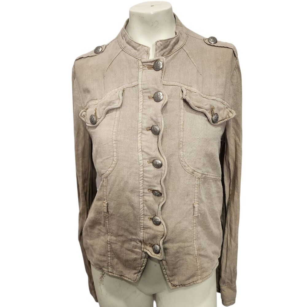 Free People Military Jacket Khaki Fitted Officer Style Crest Buttons Size S